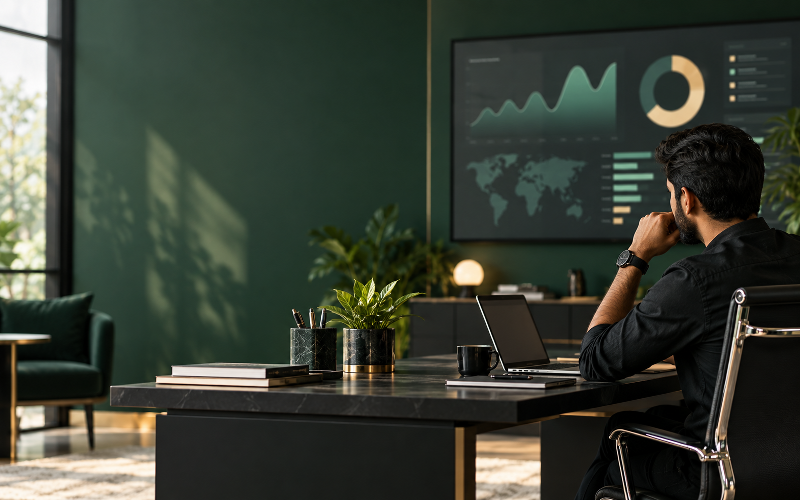 Digital marketing strategist reviewing campaign work at a desk